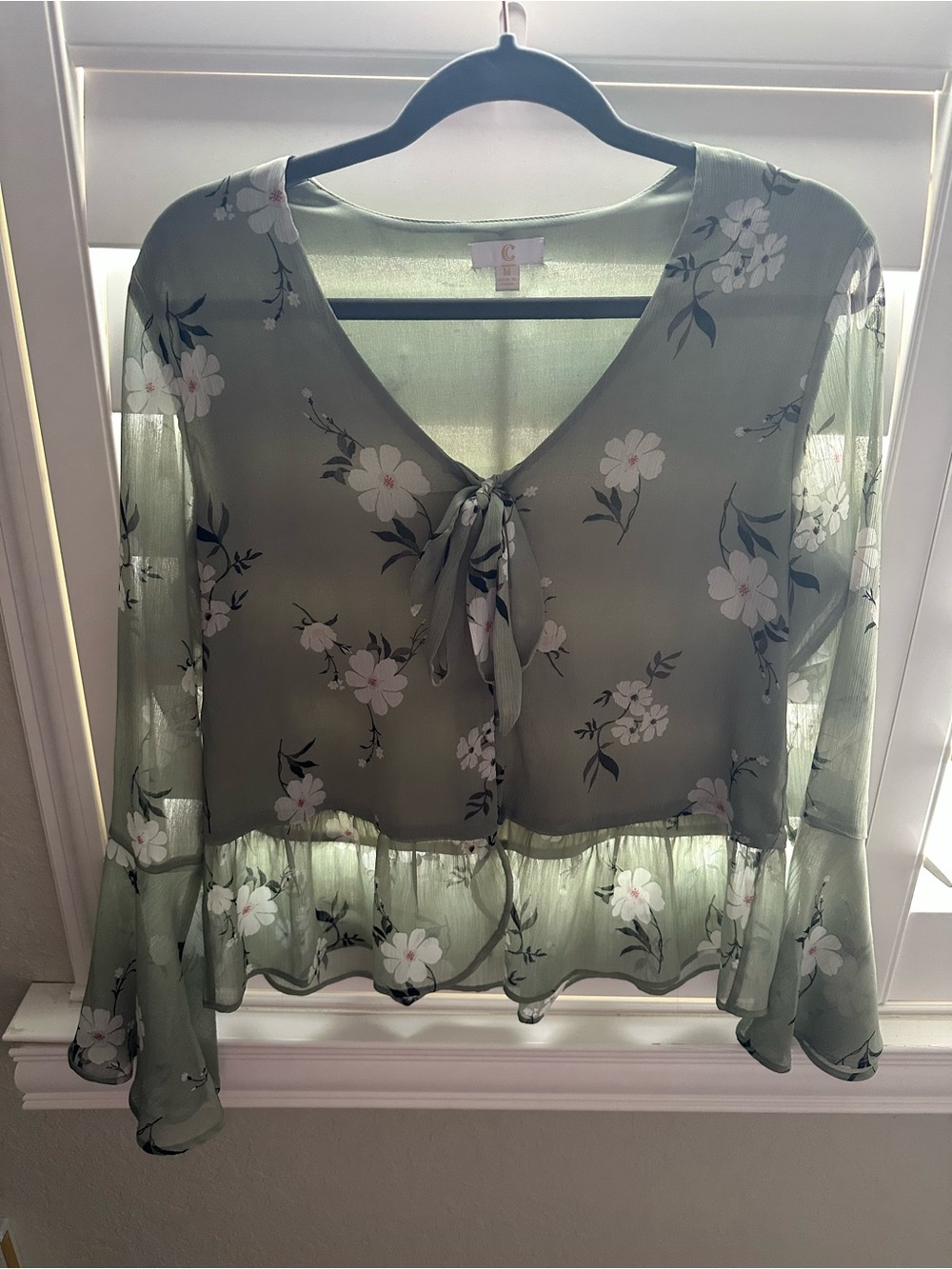 Charming Charlie Sage Green Floral Tie-Front Sheer Blouse